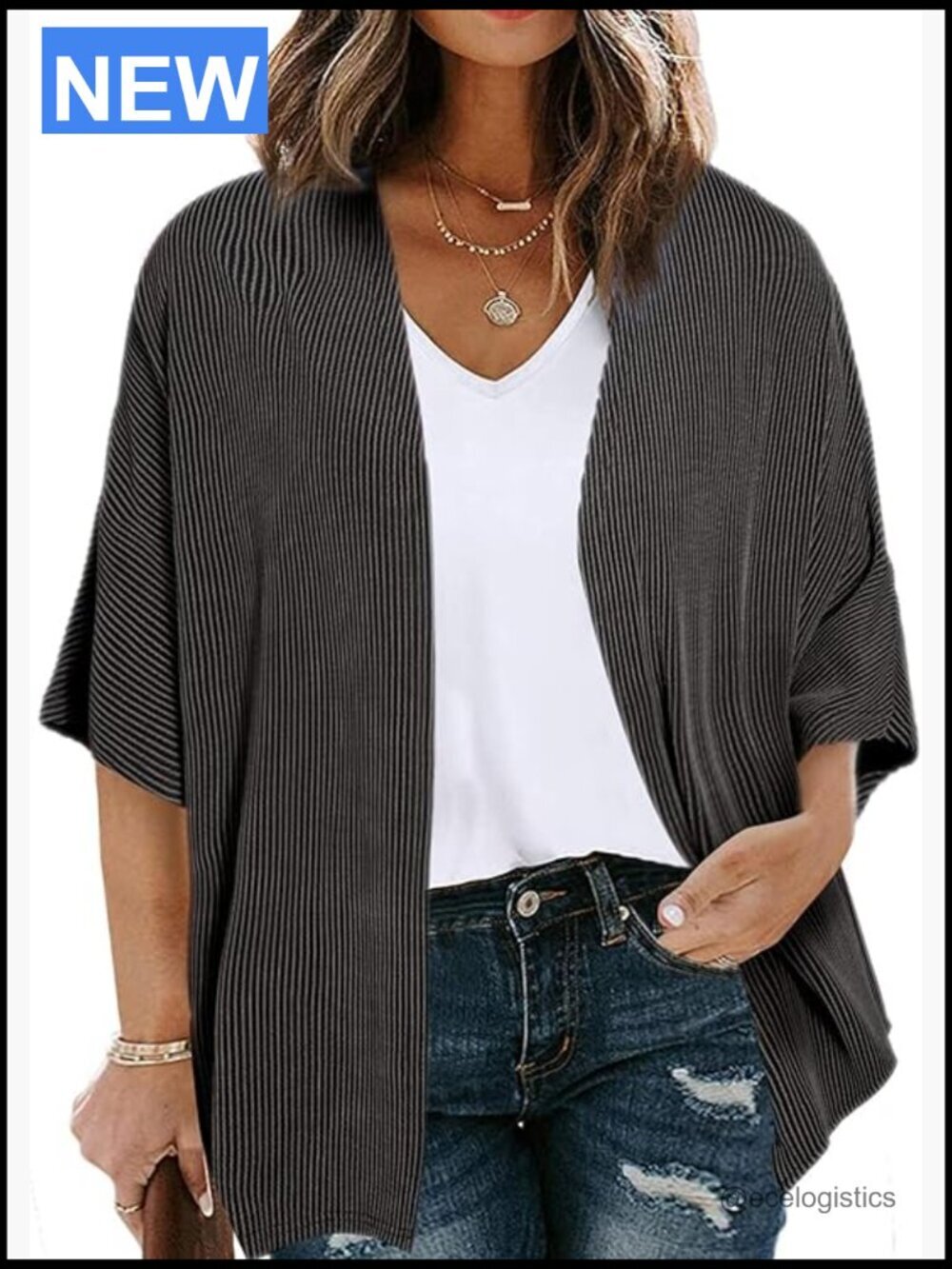 Plus Size Lightweight Cardigan Half Sleeve Ribbed Knit Kimono Tops